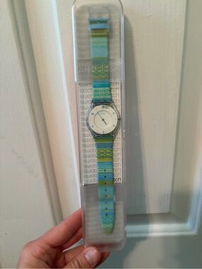 Swatch Blue and Lime Pattern Strap Watch